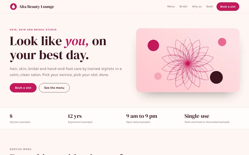 Alta Beauty Lounge demo website on a desktop screen