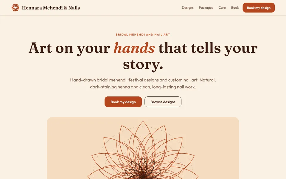 Hennara Mehendi & Nails demo website on a desktop screen