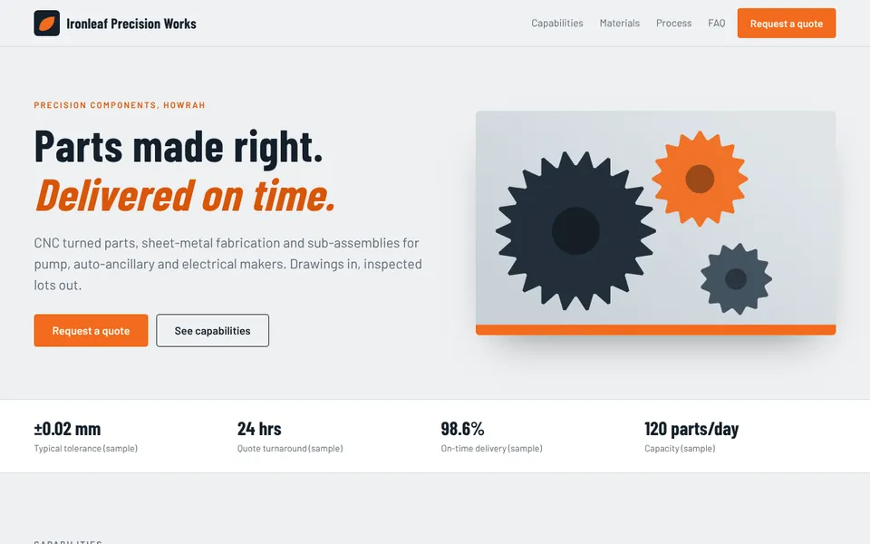 Ironleaf Precision Works demo website on a desktop screen