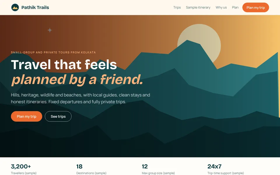 Pathik Trails demo website on a desktop screen
