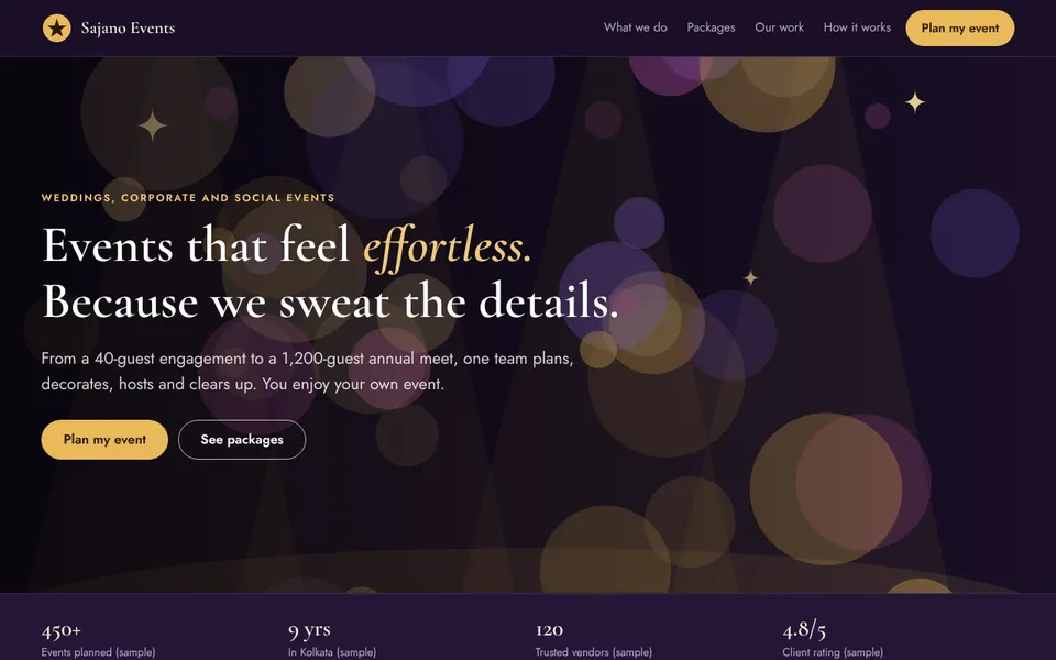 Sajano Events demo website on a desktop screen