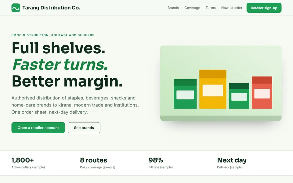 Tarang Distribution Co. demo website on a desktop screen